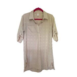 Women's Trendy Boho Beige Pom Pom Dress Lightweight Tunic Shirt Vacation Sz Med